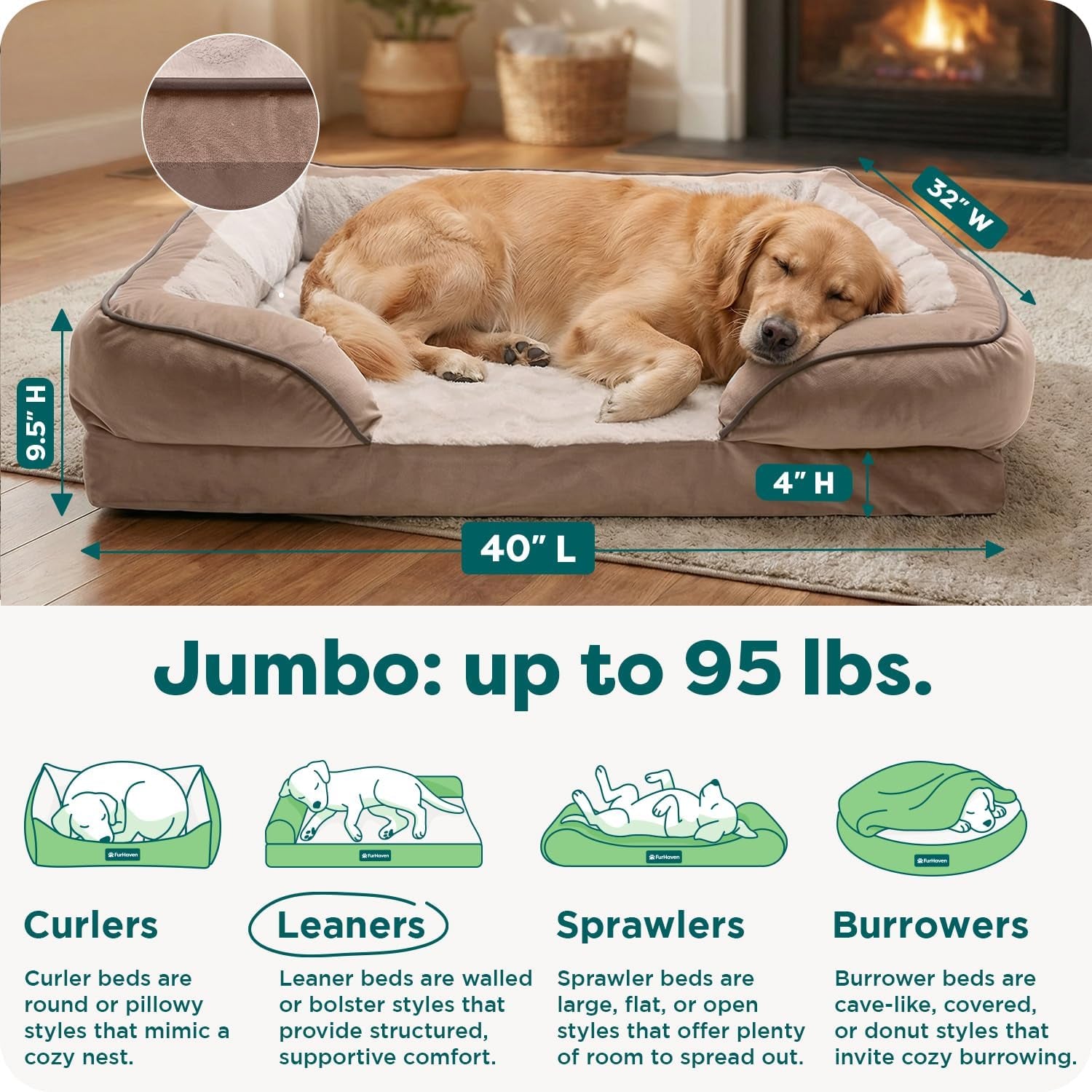 Memory Foam Dog Bed for Large Dogs W/ Removable Bolsters & Washable Cover, for Dogs up to 95 Lbs - Plush & Velvet Waves Perfect Comfort Sofa - Brownstone, Jumbo/Xl